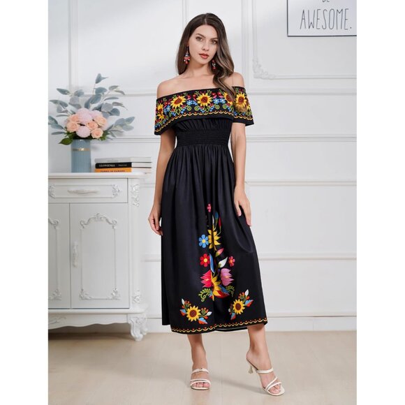 Off Shoulder Mexican Dress Floral Sunflower Fiesta Maxi Casual for Women - Picture 4 of 6